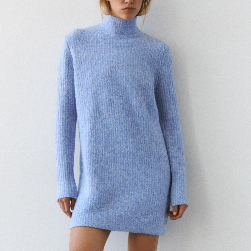 Zara wool light blue mini dress (mock neck)